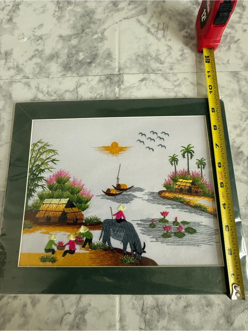 Vietnamese Hand-Embroidered Silk Landscape Village life Scene Wall Art 12x 10